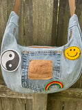 Handmade Upcycled Denim Crossbody w/ Patches - Inside Zipper Pocket