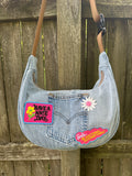 Handmade Upcycled Denim Crossbody w/ Patches - Inside Zipper Pocket