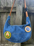 Handmade Upcycled Denim Crossbody w/ Patches - Inside Zipper Pocket