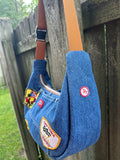 Handmade Upcycled Denim Crossbody w/ Patches - Inside Zipper Pocket